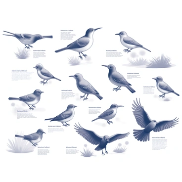 An educational diagram featuring various bird species. Each bird is depicted in a detailed manner, showcasing their distinctive features such as beak shapes, wing spans, and plumage patterns. The birds are arranged in a systematic layout, with labels indicating their names and a brief description of their habitats. The background includes elements of their natural environments, such as trees, bushes, or grass, enhancing the context of each species.