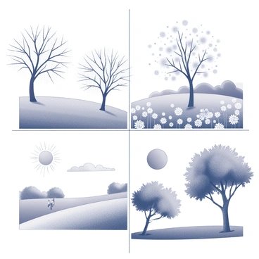 An illustration divided into four distinct quadrants, each representing a different season. The top left quadrant displays a winter scene with bare trees and snowflakes falling gently. The top right quadrant features a vibrant spring scene with blooming flowers and lush greenery. The bottom left quadrant illustrates a summer landscape with a bright sun and people enjoying outdoor activities. The bottom right quadrant captures an autumn scene with trees displaying falling leaves and a harvest theme. Each quadrant maintains its own unique elements, clearly defined and contrasting with the others.