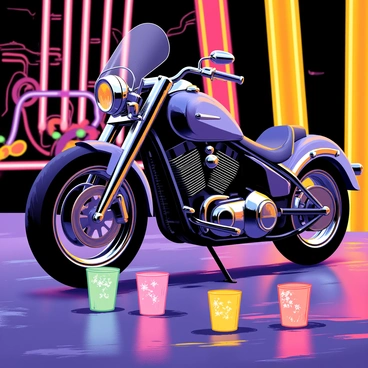A sleek motorcycle positioned prominently under vibrant neon lights in a nighttime urban setting. The motorcycle features a shiny chrome body with intricate details, reflecting the bright colors of the lights surrounding it. Colorful glasses are scattered nearby, each displaying unique shapes and designs. The glasses shimmer with the neon glow, enhancing the lively atmosphere. The background is filled with abstract patterns of neon hues, creating a captivating visual contrast with the motorcycle.