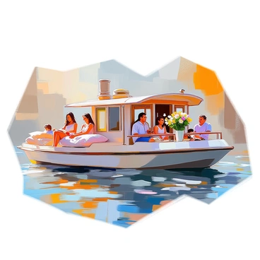 A vintage barge with ornate woodwork and classic decor is gliding smoothly across the water. Passengers of various ages are scattered around the deck, some seated on plush cushions, while others are leaning against the rail, taking in the scenic views. A woman with long flowing hair is reading a book in a shaded corner, while a family is laughing together near a small table adorned with a vase of fresh flowers. The warm sunlight casts gentle reflections on the water, enhancing the tranquil atmosphere of the cruise.