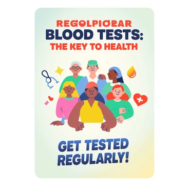 A vibrant poster features a large, bold title that reads "Regular Blood Tests: Your Key to Health" in eye-catching letters. In the center, there is an illustration of a diverse group of people smiling, each representing different age groups and ethnicities, highlighting the universal importance of health. Surrounding the group are vivid icons of common health-related symbols, such as a stethoscope, a heart, and a blood droplet, all in bright colors. At the bottom of the poster, there is a call-to-action that says "Get Tested Regularly!" written in a dynamic font, making it stand out. The background has a soft gradient that transitions from turquoise to sunshine yellow, adding energy to the overall design.