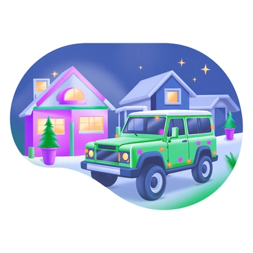 A modern pastel illustration depicting a "Range Rover" adorned with colorful holiday lights. The vehicle is parked on a street lined with houses that have "festive decorations" and "glowing lights" illuminating their facades. Snow gently covers the ground, and a few "potted Christmas trees" sit on the porches of neighboring homes. In the background, a "clear night sky" is visible, dotted with "sparkling stars."