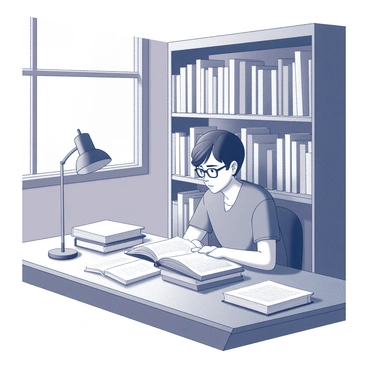 A student sitting at a wooden table in a library corner, deeply focused on a stack of books in front of them. The student has short hair and wears reading glasses, leaning slightly forward with their brow furrowed in concentration. Surrounding the student are tall wooden bookshelves filled with various titles, and a small desk lamp casts a soft light over the table. A few open books are scattered around the stack, with pages slightly turned, indicating active reading. The atmosphere is calm and studious, with a single window allowing a hint of natural light to filter in.