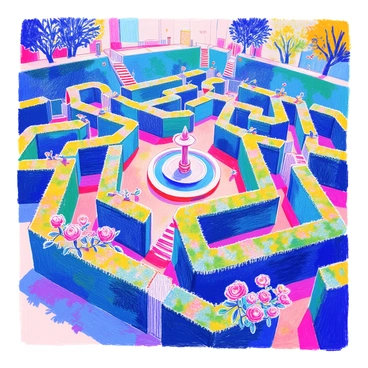 A large pentagonal maze is depicted, with intricate pathways that weave and twist throughout its structure. The walls of the maze are tall and made of dark green hedges, creating a sense of depth and complexity. Various entrances and exits are visible, leading into the winding corridors. In the center of the maze, a large decorative fountain stands, surrounded by blooming flowers. Birds can be seen perched on the hedges, adding life to the scene. Bright sunlight casts shadows through the pathways, highlighting the various turns and branches of the maze.