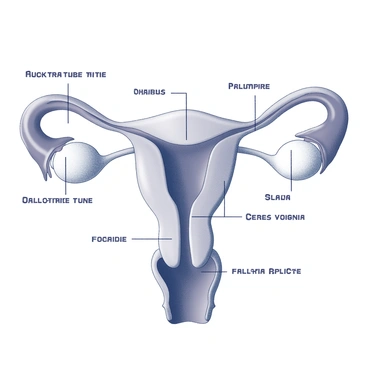 An anatomical diagram depicting the female reproductive system. The diagram includes detailed labels for each component, such as the ovaries, fallopian tubes, uterus, and vagina. The cervix is prominently highlighted, with annotations indicating its position and function. The diagram is presented in a clear, organized manner, allowing for easy understanding of the structures involved.