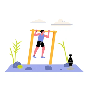 A person wearing a blue tank top and black shorts is performing pull-ups on a wooden pull-up bar. The pull-up bar is situated next to a Zen garden featuring smooth, raked gravel and strategically placed rocks. There are bamboo plants on one side, gently swaying in the breeze, and a small stone lantern is placed nearby. The sky above is clear with a few fluffy white clouds.
