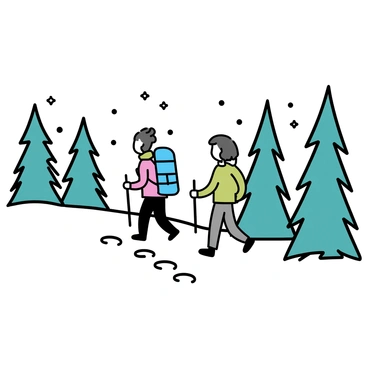 A winter landscape covered in a blanket of snow, with tall evergreen trees lining the path. Two hikers are walking along the snowy trail. One hiker is wearing a red jacket and black pants, carrying a blue backpack, while the other is dressed in a green coat and gray pants, holding trekking poles. Snowflakes are gently falling from the sky, and footprints are visible in the fresh snow along the trail.