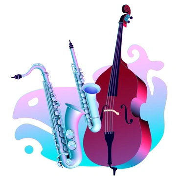 A collection of jazz instruments including a shiny saxophone, a polished trumpet, and a wooden double bass, all artistically arranged on a vibrant, multi-colored backdrop. Each instrument is detailed, showcasing the intricate designs and textures. The saxophone is positioned at an angle, reflecting light, while the trumpet is placed upright next to it, with its valves glistening. The double bass stands tall, its rich wood grain and curves visible. The colorful backdrop features bold, swirling patterns that complement the instruments, creating a dynamic and engaging composition.