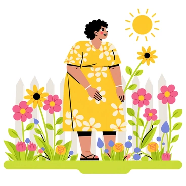 A cheerful fat woman with curly hair stands in her backyard garden, admiring a variety of colorful flowers blooming around her. She is wearing a bright floral dress that complements the vibrant colors of the flowers. The garden is filled with large, blooming daisies, roses in shades of pink and yellow, and sunflowers reaching towards the sky. The sun is shining, casting a warm glow over the scene, and a small wooden fence borders the garden, adding to the charming atmosphere.