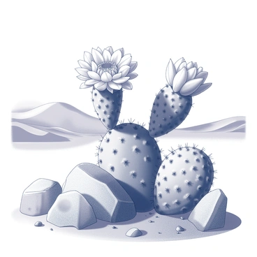 A close-up of a cactus flower blooming in a dry desert landscape. The flower is vibrant and detailed, showcasing its unique petals and textures. Surrounding the flower, there are rugged rocks and scattered sand, emphasizing the arid environment. The sun's rays shine down, creating distinct shadows and highlighting the contours of the cactus and its surroundings. The background features distant sand dunes under a clear sky, enhancing the sense of a hot desert atmosphere.