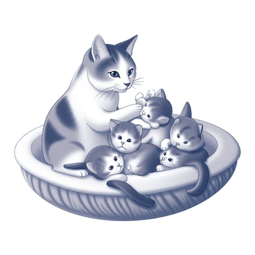 A calico cat is sitting in a cozy nest made of soft, woven materials. She is grooming her playful kittens, which are a mix of fluffy fur patterns. The kittens are playfully tumbling over each other, some pawing at their mother's tail while others nuzzle against her. The scene conveys a sense of warmth and tenderness as the mother cat tends to her lively offspring.