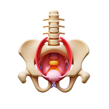 A 3D cutaway view of the female pelvis. The image showcases the skeletal structure, including the pelvic bones, in a realistic manner. Internal organs such as the uterus, ovaries, and bladder are clearly visible within the pelvis. The surrounding tissues, muscles, and blood vessels are depicted with precision, offering a comprehensive view of the anatomy. Each component is labeled for clarity, enhancing educational value. The overall presentation is detailed and medically accurate.