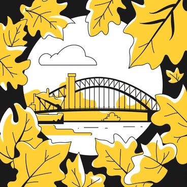A close-up of autumn leaves with intricate shapes and textures in yellow and black hues, framing a view of the "Sydney Harbour Bridge" in the background. The leaves are in various stages of decay, some crisp and others still vibrant. The bridge stands tall and majestic against the clear sky, with its architectural details clearly visible. The scene captures the essence of autumn by showcasing the rich foliage surrounding the iconic structure.