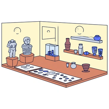An old museum exhibit with a variety of ancient artifacts displayed under soft lighting. The exhibit includes a large stone statue with intricate carvings and a collection of pottery pieces arranged on wooden shelves. Nearby, there is a glass case containing a collection of small jewelry items. The walls are painted a muted cream color, enhancing the vintage look of the scene. The entire setting has a warm ambiance, with shadows softly cast across the artifacts.
