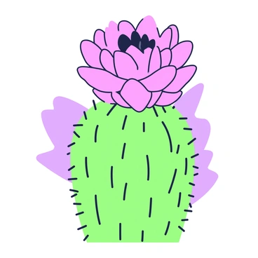 A close-up of a cactus with a textured green surface and distinct spines. At the top of the cactus, there is a large, blooming flower with multiple petals, showcasing intricate details. The petals of the flower are arranged in a radial pattern, with a vibrant pink color that contrasts against the green of the cactus. The background features a soft blur that enhances the focus on the cactus and the flower.