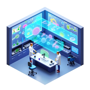 A high-tech laboratory featuring sleek, metallic surfaces and advanced equipment. Holographic displays project intricate models of "DNA" and various "genotypes" in vibrant colors above a central workstation. Researchers in lab coats interact with the displays, manipulating the holograms with gestures. The lab is illuminated by bright, focused lights, highlighting the complex machinery and scientific instruments surrounding the workspace.
