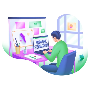 A modern pastel illustration depicting an artist sitting at a desk, focused on a laptop. The laptop screen displays the words "Artwork Submission" in bold, clear letters. On the desk, there are various art supplies, including a sketchbook, colored pencils, and a paintbrush. Surrounding the artist are framed illustrations and prints, showcasing their artistic style. A window in the background allows soft light to pour in, enhancing the creative atmosphere.