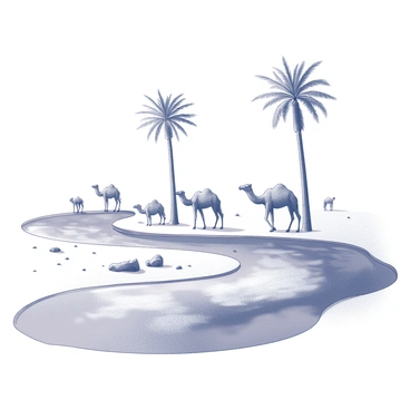 A stream winding through a desert oasis with palm trees and camels nearby