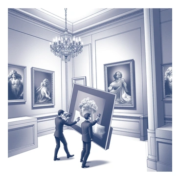 A large, opulent museum hall filled with exquisite artworks displayed in elegant frames. In the center, two figures dressed in sleek attire are stealthily maneuvering around a grand painting. One figure is carefully examining the security system, while the other is reaching toward the painting, poised to remove it from the wall. The atmosphere conveys tension and urgency, with shadows cast by the museum's intricately designed lighting. Several security cameras are positioned throughout the hall, and an ornate chandelier hangs from the ceiling, adding to the grandeur of the setting.