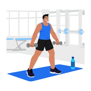 An athlete performing reverse fly exercises in a well-lit gym. The athlete is wearing a fitted blue tank top and black shorts, with a focused expression. They are holding two light dumbbells, arms extended out to the sides in the middle of the exercise. A yoga mat is laid out underneath them, and a water bottle sits nearby. The background features exercise equipment such as benches and weights, creating a dynamic workout environment.