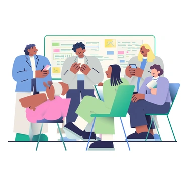 A group of five support agents is gathered in a huddle, engaged in a discussion about strategies. Two agents with medium skin tones are standing next to each other; one has curly black hair and is wearing a blue shirt, while the other has straight brown hair and is dressed in a grey blazer. Another agent with light skin and short blonde hair is sitting on a nearby chair, taking notes in a notebook. The fourth agent, who is black with braided hair, is leaning forward with a serious expression, gesturing with their hands as they speak. The last agent, with olive skin and wavy dark hair, is listening attentively while holding a tablet. The background features a whiteboard filled with colorful diagrams and notes, creating a dynamic and collaborative atmosphere.