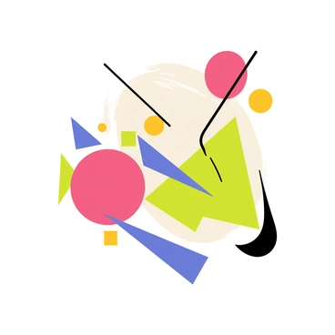 A colorful abstract art print with a variety of geometric shapes including circles, triangles, and squares, arranged in a dynamic composition. The shapes are filled with vibrant colors like red, blue, yellow, and green, creating a lively contrast. Thin black lines intersect and outline the shapes, providing structure to the overall design. The background is a soft white to help the colors stand out vividly.