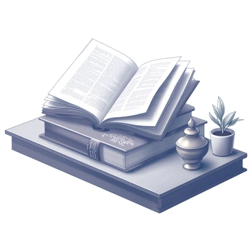 A stack of ancient ayurvedic texts and manuscripts resting on a wooden table. The texts are bound in weathered leather and feature intricate designs on their covers. Some pages are slightly open, revealing old, handwritten script in a delicate style. The wooden table has a rustic finish, showcasing its grain and texture. The setting is calm and quiet, emphasizing the historical significance of the manuscripts. A few decorative items, like a small brass oil lamp and a potted plant, are positioned nearby, complementing the scene.