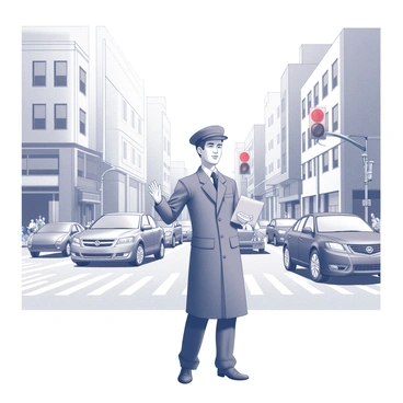 A postman stands at a busy intersection, wearing a postal uniform with a cap. He holds a parcel in one hand and gestures with the other hand to direct the flow of traffic. Surrounding him are several vehicles waiting at the red light, including cars and bicycles. The street is lined with tall buildings and bustling pedestrians crossing the road. The postman has a focused expression as he ensures the safety of both drivers and pedestrians. The scene captures the dynamic activity of a city street.