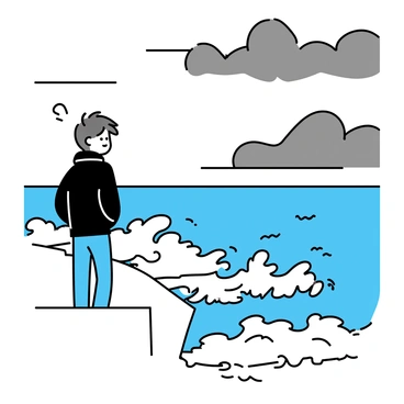 A person standing on a rocky cliff edge. The individual is wearing a dark windbreaker and jeans, looking down at the choppy ocean waves crashing against the rocks below. The sky is overcast, with dark clouds gathering overhead, adding to the dramatic scene. The ocean is a deep blue, with white foam from the waves swirling around. The person's hair is being blown by the wind, and they have a focused expression while observing the turbulent water.