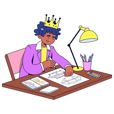 An artist is seated at a wooden table, intently sketching a detailed design for a new royal crown. The artist is using a pencil to draw intricate patterns on a sheet of white paper. Various crown elements such as jewels, arches, and decorative motifs are visible in the design. There are colorful pencils scattered around the table, alongside a small reference book about historical crowns. The room has a warm, inviting light illuminating the artist's focused expression as they work on the crown's ornate details.