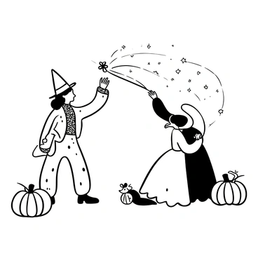 A fairy godmother in flowing robes, with intricate patterns, stands in a graceful pose, waving her wand. Sparkles and magical swirls emanate from the wand as they envelop a figure of Cendrillon. Cendrillon is depicted in ragged clothes, with tattered edges and a simple silhouette. The transformation process is illustrated with dynamic motion lines that suggest change. In the background, a few pumpkins and mice are visible, hinting at the magical scene. The focus remains on the action of transformation, emphasizing the contrast between Cendrillon's current state and the anticipated beauty of the gown.