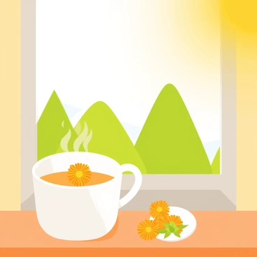 A sunny morning scene with a bright yellow sunbeam shining through a window. On a wooden windowsill, there is a white ceramic cup filled with steaming tea. The surface of the tea is adorned with vibrant orange calendula petals floating on top. Next to the cup, there is a small plate holding more calendula petals and a few green leaves. Outside the window, green trees and a clear blue sky are visible, contributing to the warm and inviting atmosphere of the scene.
