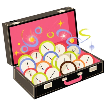A vintage suitcase-style box with a worn leather exterior and metal clasps is opened to reveal a chaotic assortment of clocks. Various clocks in different sizes and styles are nestled inside, including round wall clocks, pocket watches, and cuckoo clocks, all showing different times. Surrounding the clocks are swirling, colorful time-traveling portals that shimmer in vibrant hues of blue, green, and purple. Each portal has a circular shape and emits rays of light, creating a sense of movement and magic within the suitcase. The interior of the suitcase is lined with a rich, deep red fabric that contrasts with the metallic colors of the clocks and the bright portals.