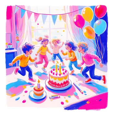Several children are playing and laughing together at a birthday party. They are running around, their faces filled with joy. Colorful balloons in various shapes and sizes float around the scene, adding vibrancy to the atmosphere. A large birthday cake sits on a table nearby, decorated with candles and frosting. Some children are holding balloons while others are engaged in a game. Streamers and party decorations are visible in the background, enhancing the festive mood.