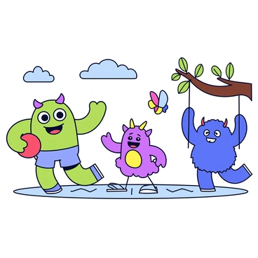 A group of three friendly monsters are engaging in playful activities in a vibrant setting. The first monster is a large, green creature with two big, round eyes and a wide smile, happily bouncing a bright red ball. The second monster is smaller, with purple fur and three colorful horns, giggling as it plays a game of hopscotch drawn on the ground with chalk. The third monster, fluffy and blue, is swinging from a tree branch, its long arms stretched out to grab a colorful butterfly. In the background, there are puffy clouds in a clear sky, adding a cheerful ambiance to the scene.
