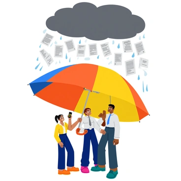 A giant, colorful umbrella with a strong handle is opened wide, providing shelter. Underneath the umbrella, several diverse people, including a woman in a business suit and a man in casual attire, are standing close together. They appear relieved and safe as they look up at the umbrella. Above them, a heavy downpour of various legal documents, such as contracts and memos, falls from a dark, cloudy sky. The documents are illustrated with clear text and lines, creating a chaotic yet cartoonish feel.