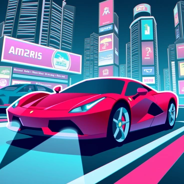 A sleek red Ferrari with a streamlined body is cruising through a vibrant city at night. The car's glossy surface reflects the colorful neon lights of the surrounding buildings and billboards. The bustling cityscape is filled with tall skyscrapers adorned with bright advertisements. The streets are alive with motion, showcasing other vehicles and pedestrians. The headlights of the Ferrari cast a sharp beam of light onto the asphalt, illuminating the road ahead. The atmosphere is dynamic, with a sense of speed and excitement as the Ferrari navigates through the illuminated urban landscape.