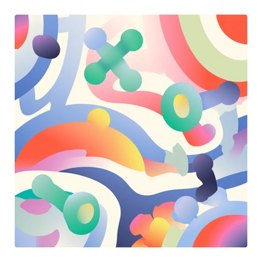 A large canvas filled with a variety of swirling colors, including vibrant blues, reds, and yellows, creating a dynamic and fluid pattern. In the foreground, bold dumbbell shapes are interspersed throughout the composition, with each dumbbell having a distinctive color, such as green, purple, and orange. The background has a smooth blend of colors, enhancing the sense of movement and depth in the piece. The dumbbells appear to be in different orientations, some tilted and others upright, contributing to the lively energy of the artwork.