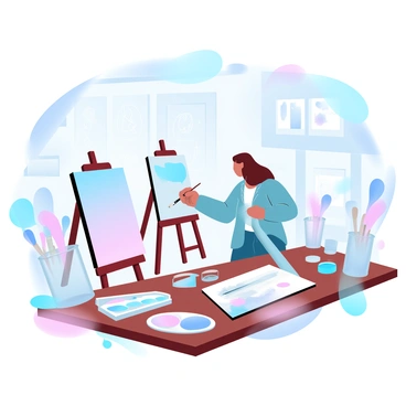 An illustration expert is standing in a cluttered art studio, surrounded by various art supplies scattered across a wooden table. The expert is focused on painting a large canvas that rests on an easel, with vibrant colors being applied with a brush. Tubes of paint in different hues are strewn around, and an array of brushes of various sizes are organized in jars nearby. The walls of the studio are adorned with sketches and paintings in progress, creating a lively atmosphere filled with creativity and artistic expression.