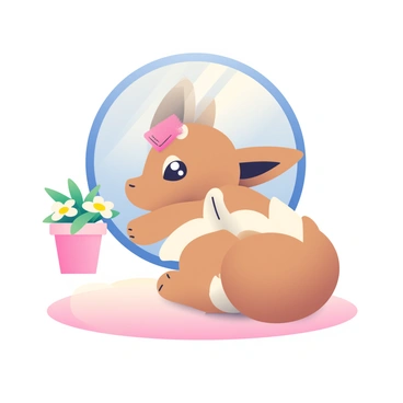 An Eevee with light brown fur is sitting on a soft, pastel-colored rug, positioned in front of a round mirror. The Eevee has large, expressive eyes and a bushy, fluffy tail that it is gently grooming with a small, pink comb. The mirror reflects the Eevee’s focused expression as it works on its tail, which is fluffy and well-maintained. In the background, there is a delicate pink flower pot with blooming white flowers, adding a touch of color to the scene.