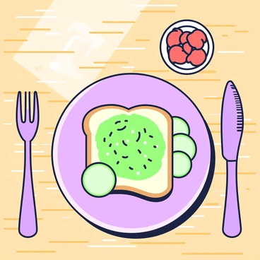 A breakfast plate is arranged neatly on a wooden table. In the center, there is a slice of toasted bread topped with smashed avocado, which is garnished with a sprinkle of salt and pepper. Beside the toast, there are several thin cucumber slices arranged in a circular pattern. A small bowl containing cherry tomatoes sits in the upper right corner of the plate. A fork and knife are placed next to the plate, ready for use. Natural light illuminates the scene, highlighting the freshness of the ingredients.