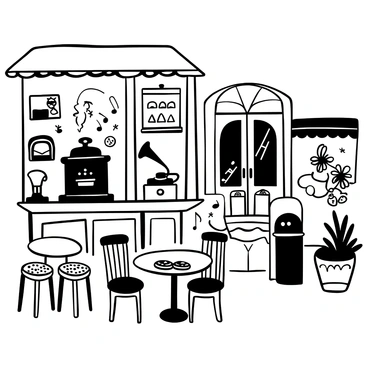 A vintage-themed Paris café with round tables and patterned tablecloths. There are wooden chairs with intricate designs surrounding the tables. A large brass coffee machine sits behind the counter, alongside pastries displayed in glass cases. A vintage gramophone is positioned in a corner, with musical notes emanating from it. The walls are adorned with sepia-toned photographs and antique mirrors. A small outdoor seating area features wrought iron tables and chairs, surrounded by potted plants.