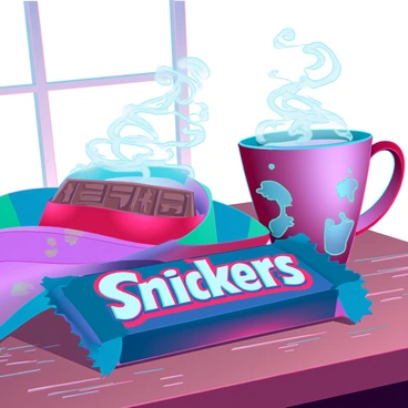 A Snickers bar wrapped in a scarf sitting next to a steaming cup of cocoa.