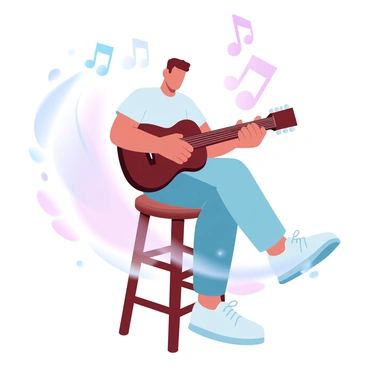 A musician is playing a guitar while sitting on a wooden stool. The musician is dressed in a casual outfit, consisting of a t-shirt and jeans. The guitar is held close, with the musician's hands positioned on the strings. Surrounding the musician are floating musical notes in various sizes. The background features soft gradient pastel colors that create a calming atmosphere. The scene captures the passion of the musician as they focus on their performance.
