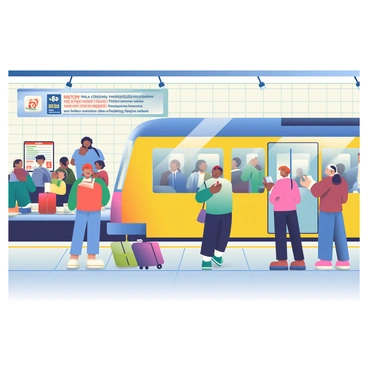 A busy New York City subway station is depicted, filled with a diverse crowd of passengers. Some passengers are waiting on the platform, while others are boarding a sleek, modern subway train that is pulling into the station. The train has a bright yellow and blue exterior with large windows showing people inside. The station features tiled walls with signage in both English and Spanish, along with advertisements for various events. Luggage and bags can be seen on the ground, and a few people are looking at their phones or checking schedules. Overhead, the lights illuminate the scene, creating a vibrant atmosphere.