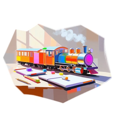 A train constructed entirely of paper clips is traveling along a wooden desk. Each car of the train is a different color, showcasing vibrant reds, blues, greens, yellows, and pinks. The paper clips are linked together to form a series of cars, with the engine at the front being larger and more elaborate. Sunlight streams in from a nearby window, creating soft shadows and highlighting the shiny metallic surfaces of the paper clips. Scattered around the train are various stationery items like pencils, erasers, and a notepad, adding depth to the scene.