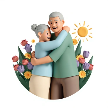 Two elderly friends, a woman and a man, are hugging each other in a vibrant flower garden. The woman has silver hair tied back in a bun, wearing a light blue sweater and beige trousers. The man has short gray hair and is wearing a green shirt and brown shorts. They are surrounded by a variety of blooming flowers in bright colors, including red roses, yellow daisies, and purple tulips. The sun is shining, casting a warm glow on their joyful expressions as they embrace amidst the lush greenery.