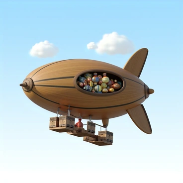 A vintage airship floating with a cargo hold full of exotic goods