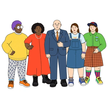 A group of five individuals standing side by side, each displaying a unique gender expression through their clothing and accessories. On the left, a person with short purple hair wearing a bright yellow oversized sweater and patterned leggings, accessorized with large round glasses and stud earrings. Next, a tall individual with long curly hair dressed in a tailored blue suit with a floral tie, complemented by a sleek watch on their wrist. The third person has a shaved head and is wearing a flowing red dress with black combat boots, adorned with chunky bracelets on both wrists. In the center, a person wearing a graphic tee and denim overalls, with colorful sneakers and a baseball cap turned backward. Lastly, on the right, an individual with medium-length brown hair styled in a ponytail, dressed in a vibrant green shirt and plaid skirt, featuring knee-high socks and a playful set of pins on their shirt.