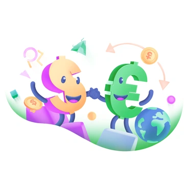 A modern pastel illustration featuring two anthropomorphic currency symbols, one being a dollar sign and the other a euro sign. They are standing facing each other, smiling, and shaking hands to symbolize friendship and trade. The background includes soft pastel colors with subtle gradients, enhancing the friendly atmosphere. Around them are small icons representing trade, such as arrows, coins, and a globe, further emphasizing the theme of international trade.